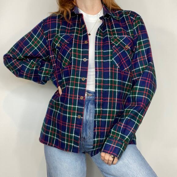 Vintage Woodland Large Navy Heavy Plaid Flannel Shirt Jacket Button Down Shirt - Picture 3 of 14